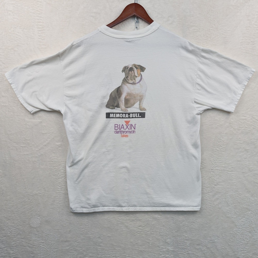 VTG Hanes T-Shirt Mens XL White Biaxin Pharma Bulldog Memora-Bull Drug Promo 90s